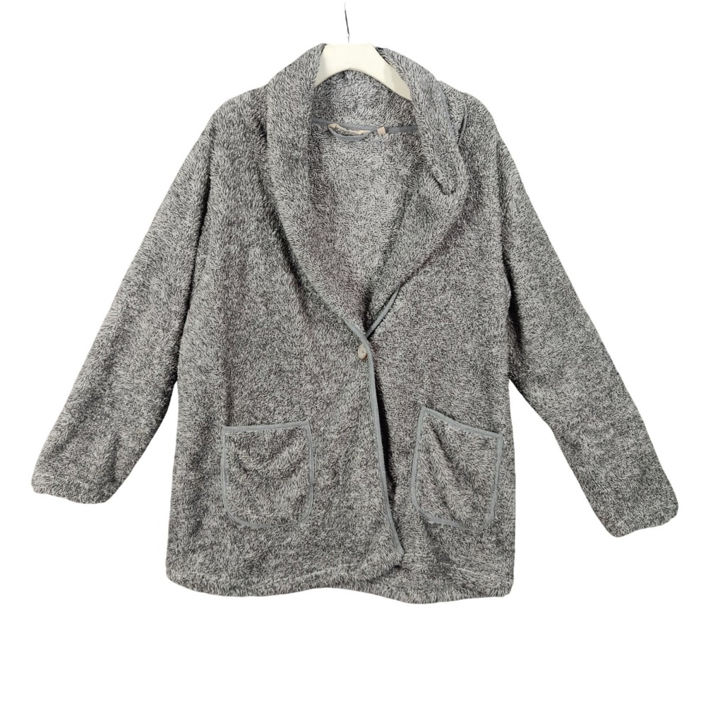 Soft Surroundings Womens Fuzzy Fleece Cozy‎ Loungewear Cardigan L Jacket Gray